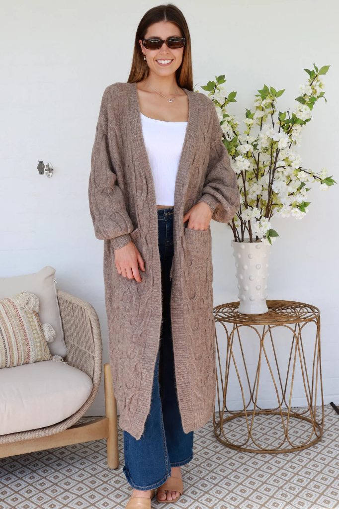 Harper Longline Cable Knit Cardigan – Mocha