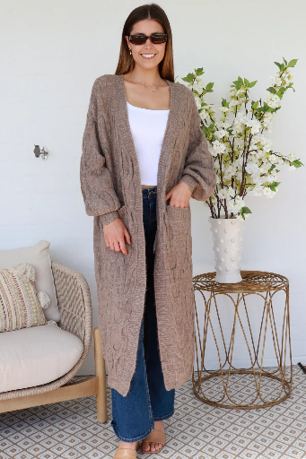 [HARCABKNI] Harper Longline Cable Knit Cardigan – Mocha
